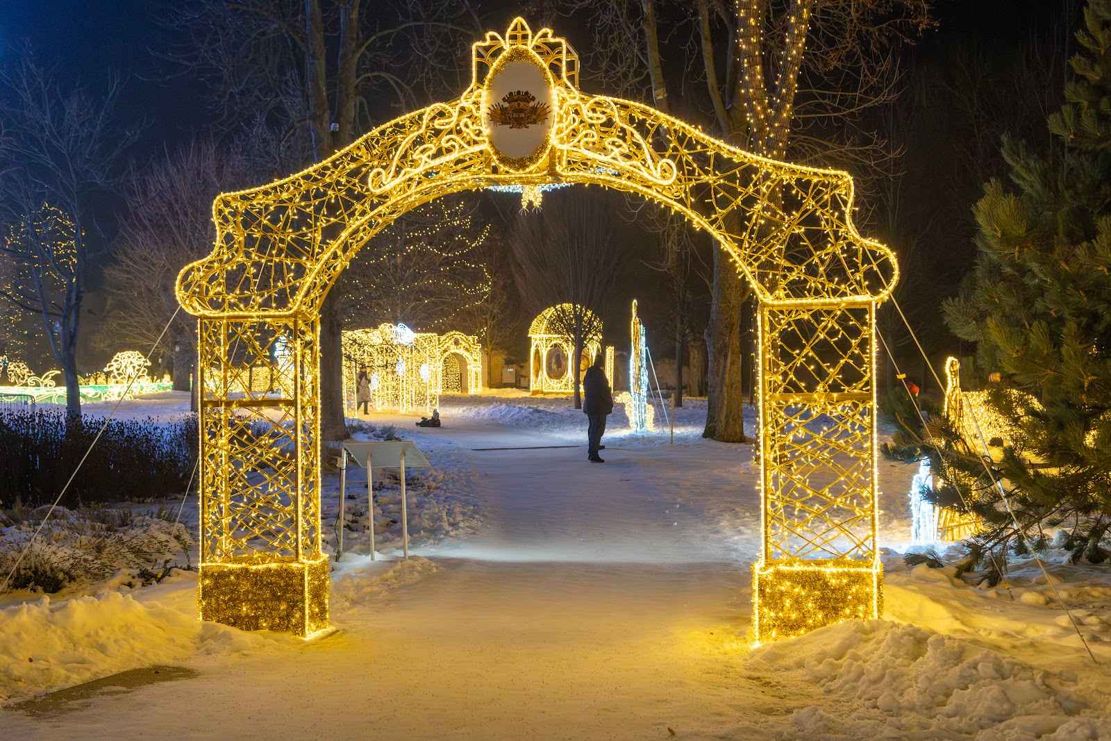 A golden arch of light spanning a snow-covered path that leads deeper into the park